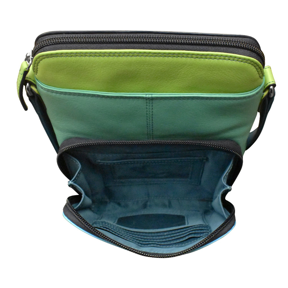 Green and teal bag with open top showing interior.
