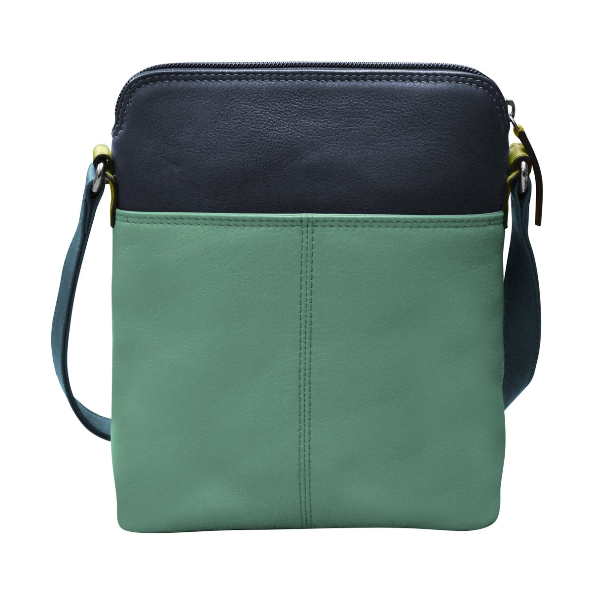 Teal leather wallet on a white 