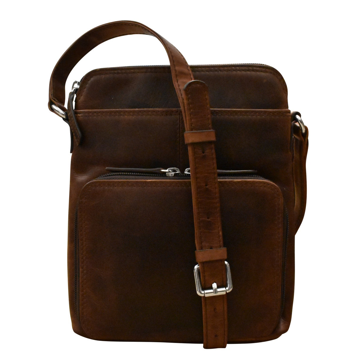 Brown leather crossbody bag with a strap on a white background