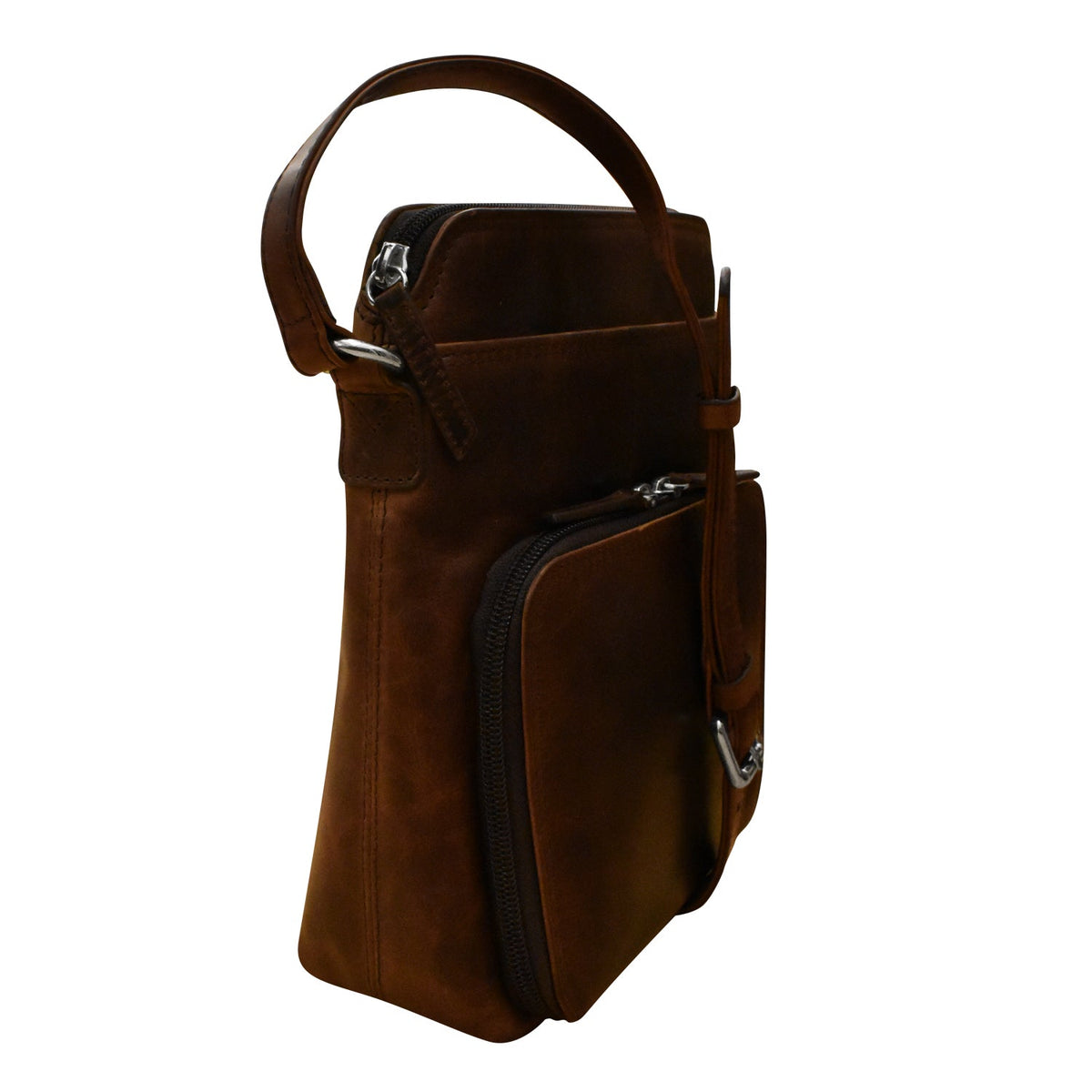 Brown leather handbag with multiple zippers on a white background