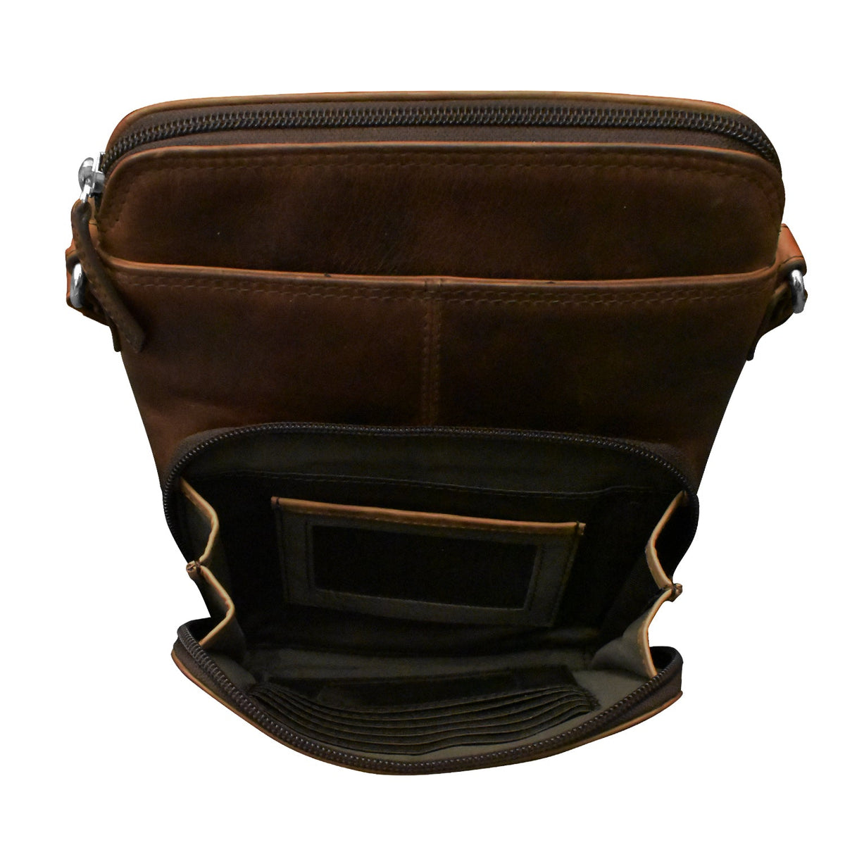 Brown leather bag with multiple compartments on a white background