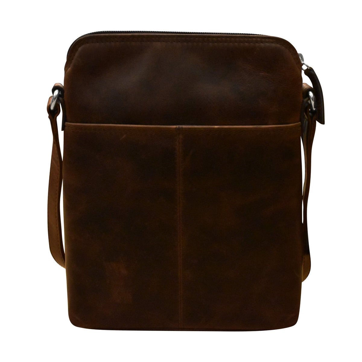 Brown leather crossbody bag on a white background