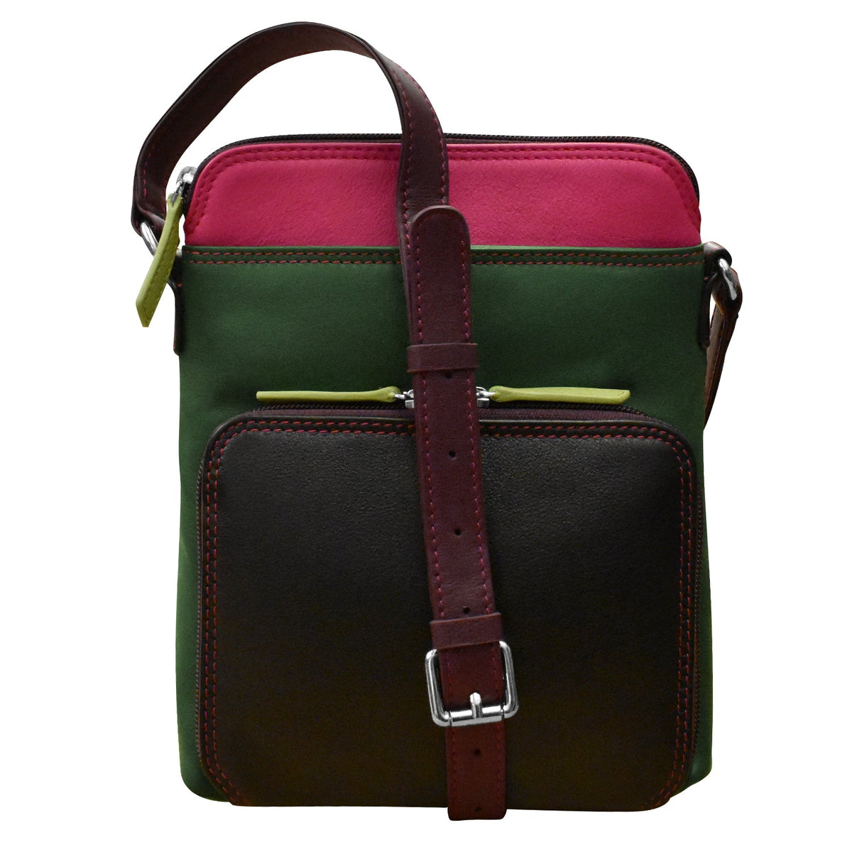 Multicolored bag with a strap on a white background