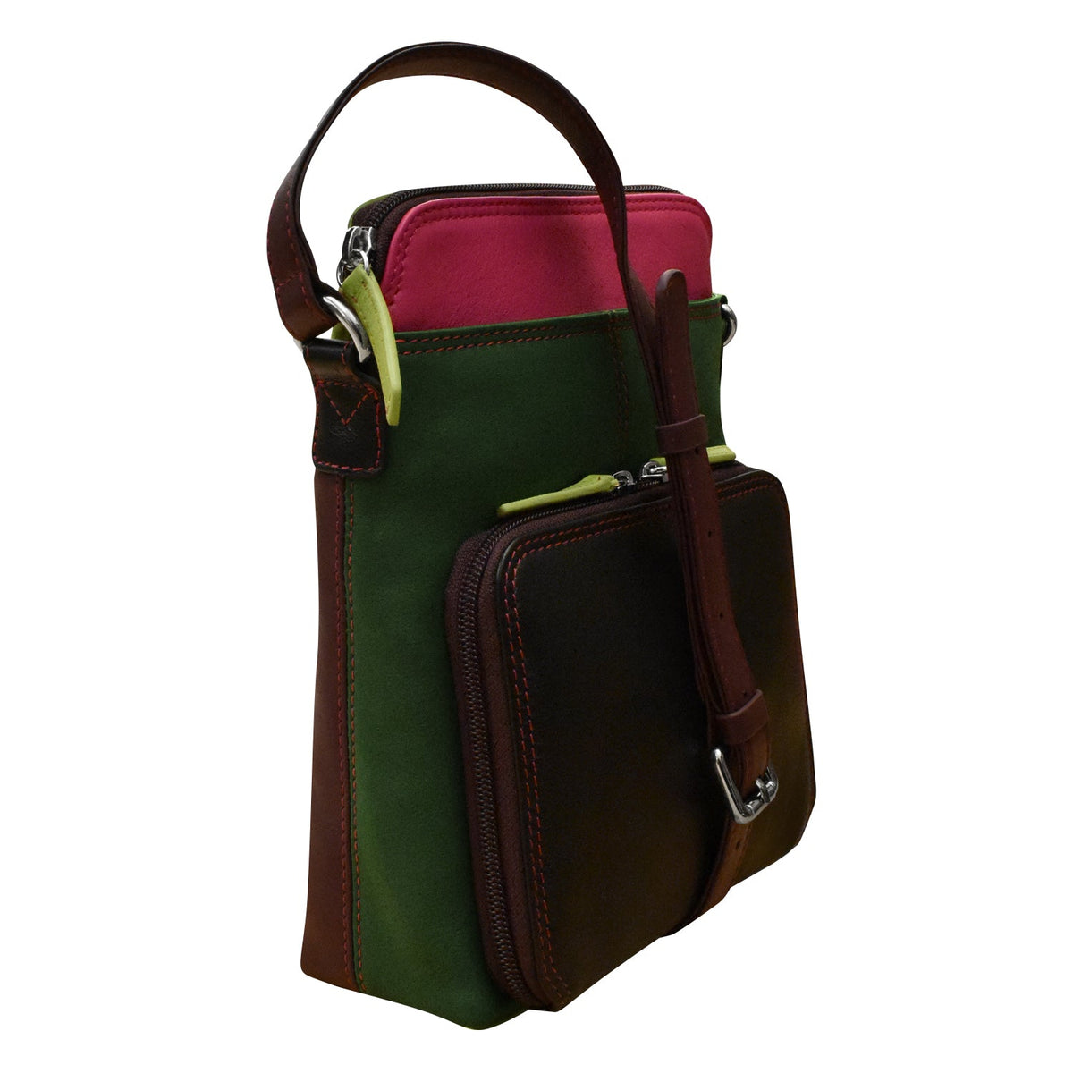 Multicolored bag with a handle and zippers on a white background