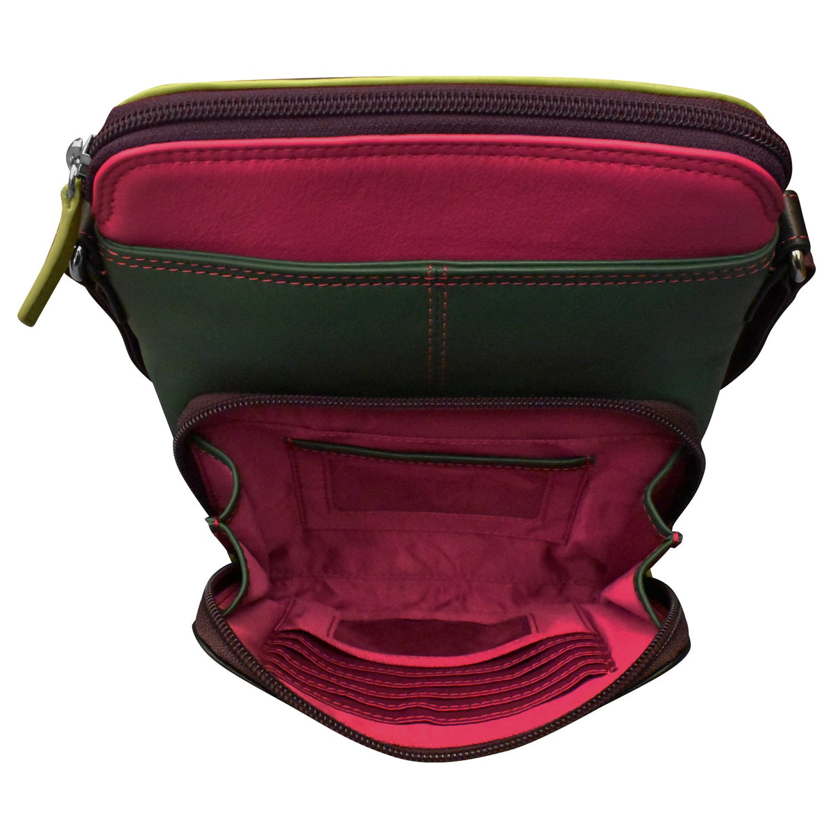 Open bag with red interior and green exterior on a white background