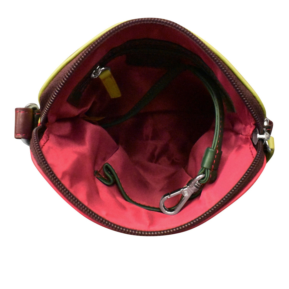 Red bag with a visible zipper and green strap on a white background