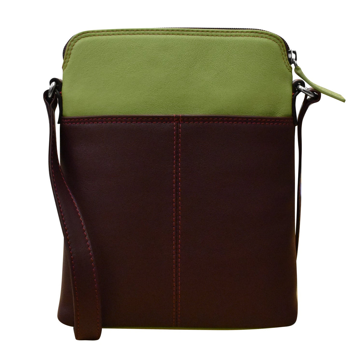 Crossbody bag with green top section and brown bottom section on a white background