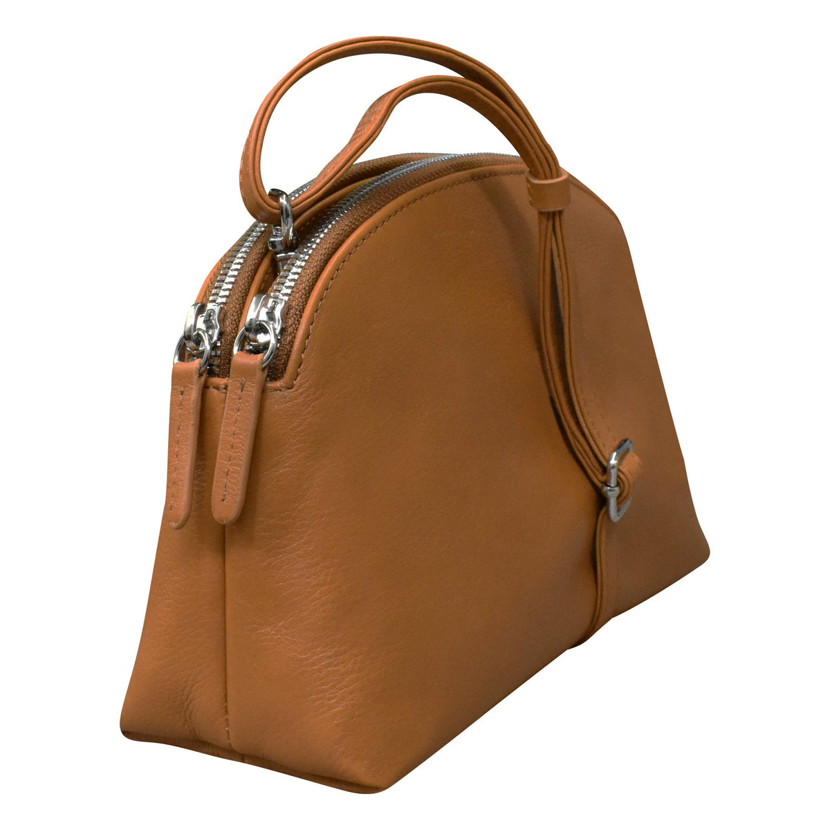Brown leather handbag with two zippers on a white background