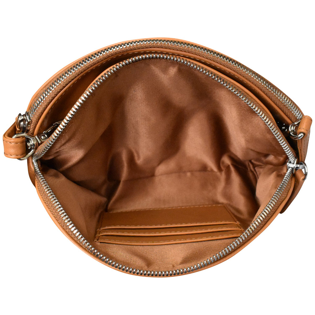 Brown leather bag with silver zippers on a white background