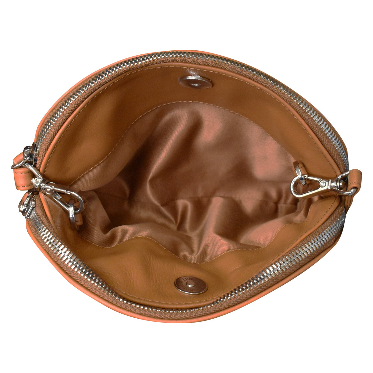 Open brown leather purse with silver zippers on a white background