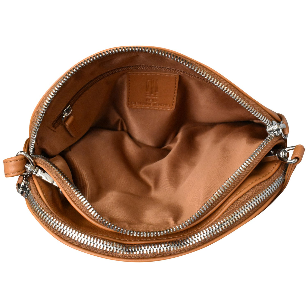 Brown leather pouch with silver zippers on a white background