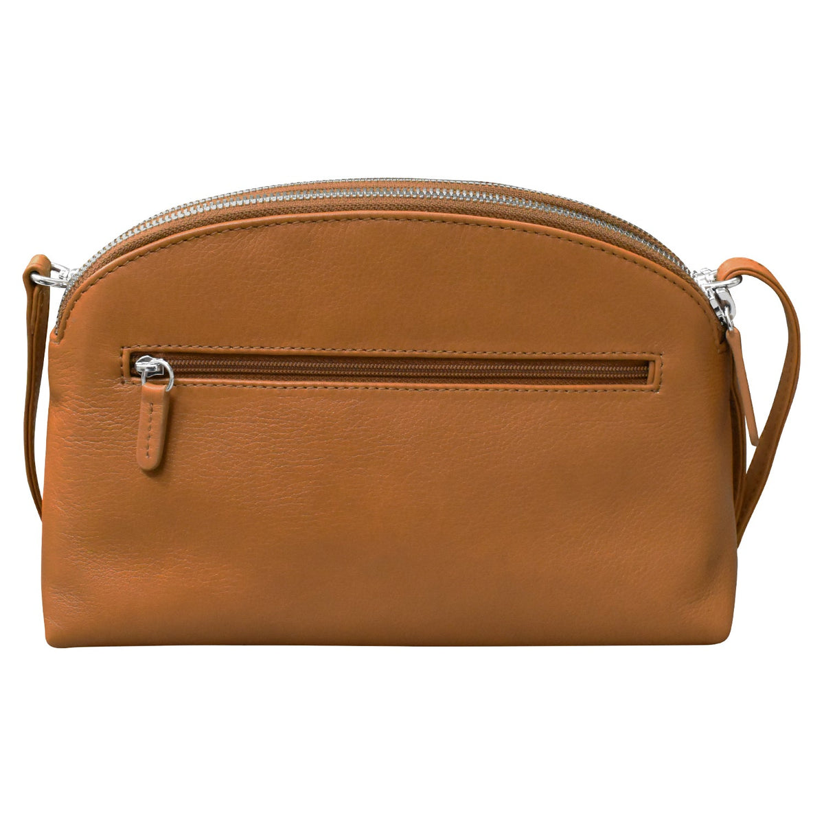 Brown leather crossbody bag with a zipper on a white background