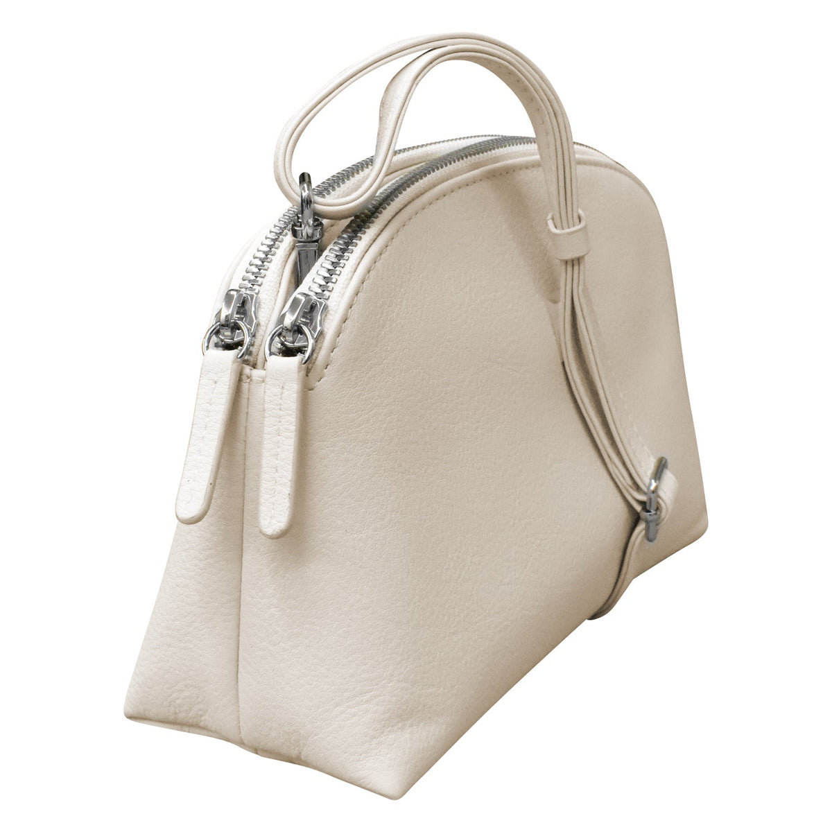 Beige handbag with silver zippers on a white background