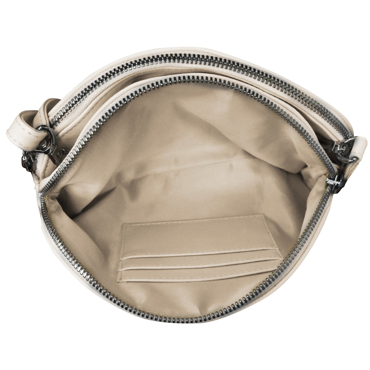 Beige handbag with a zipper on a white background