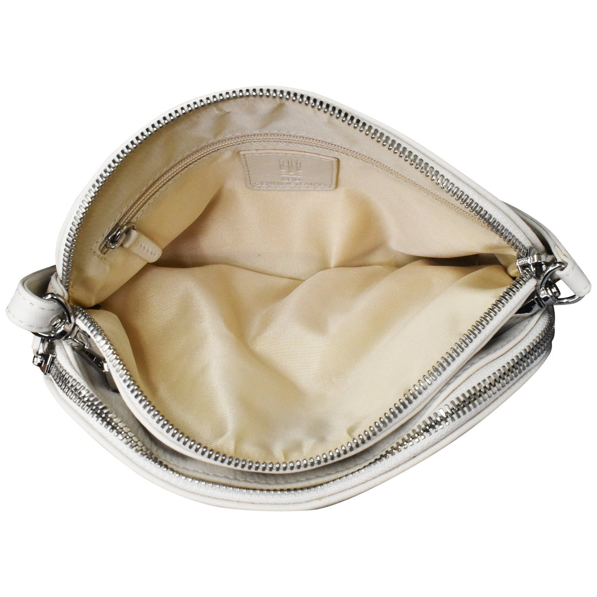 Open silver handbag with beige interior on a white background