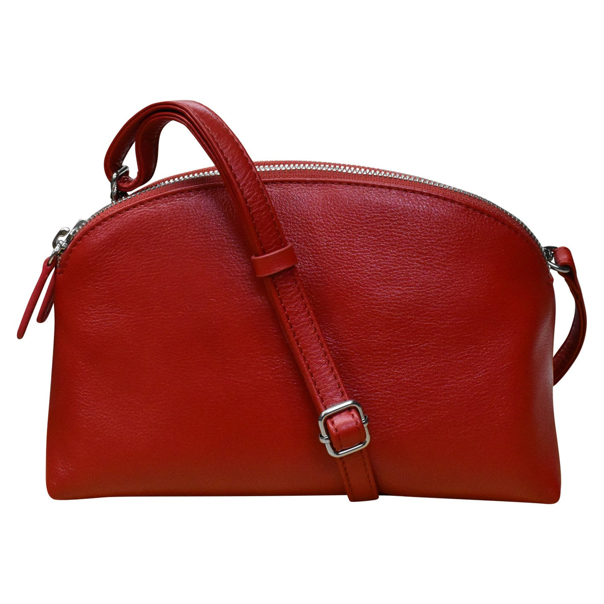 Red leather handbag with a strap on a white background