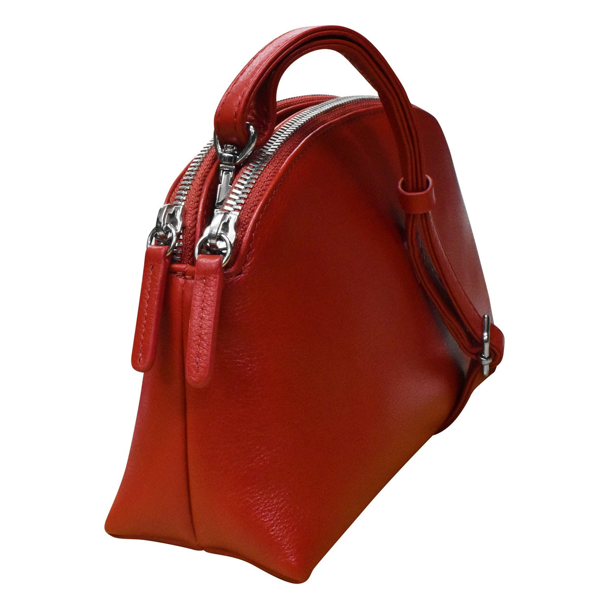 Red handbag with silver zippers on a white background