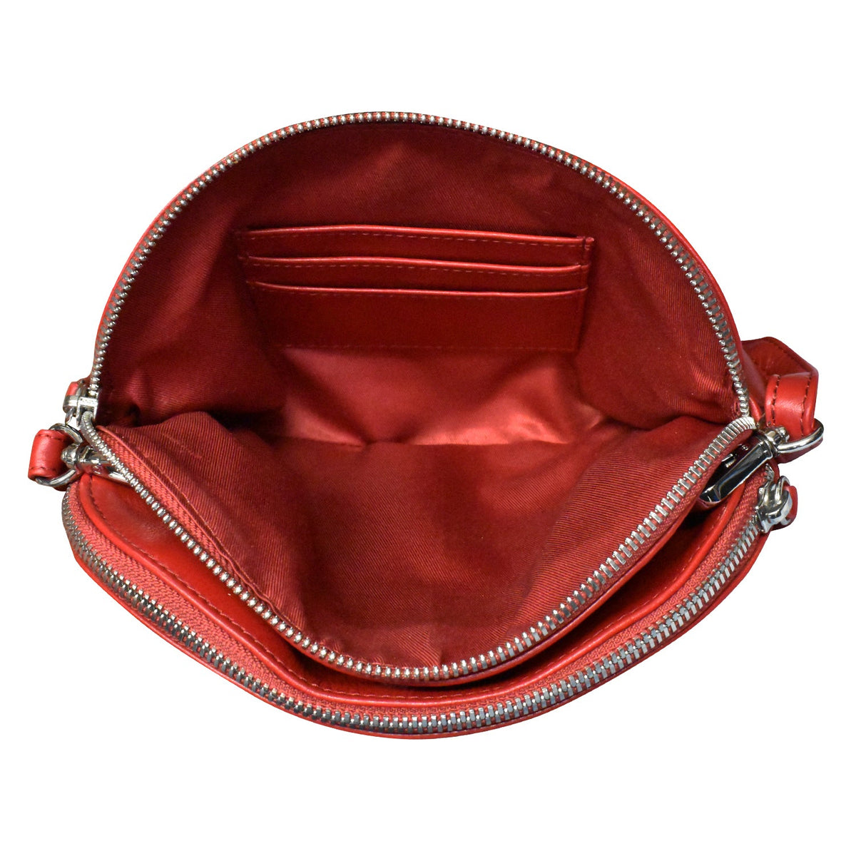 Red handbag with a zipper on a white background