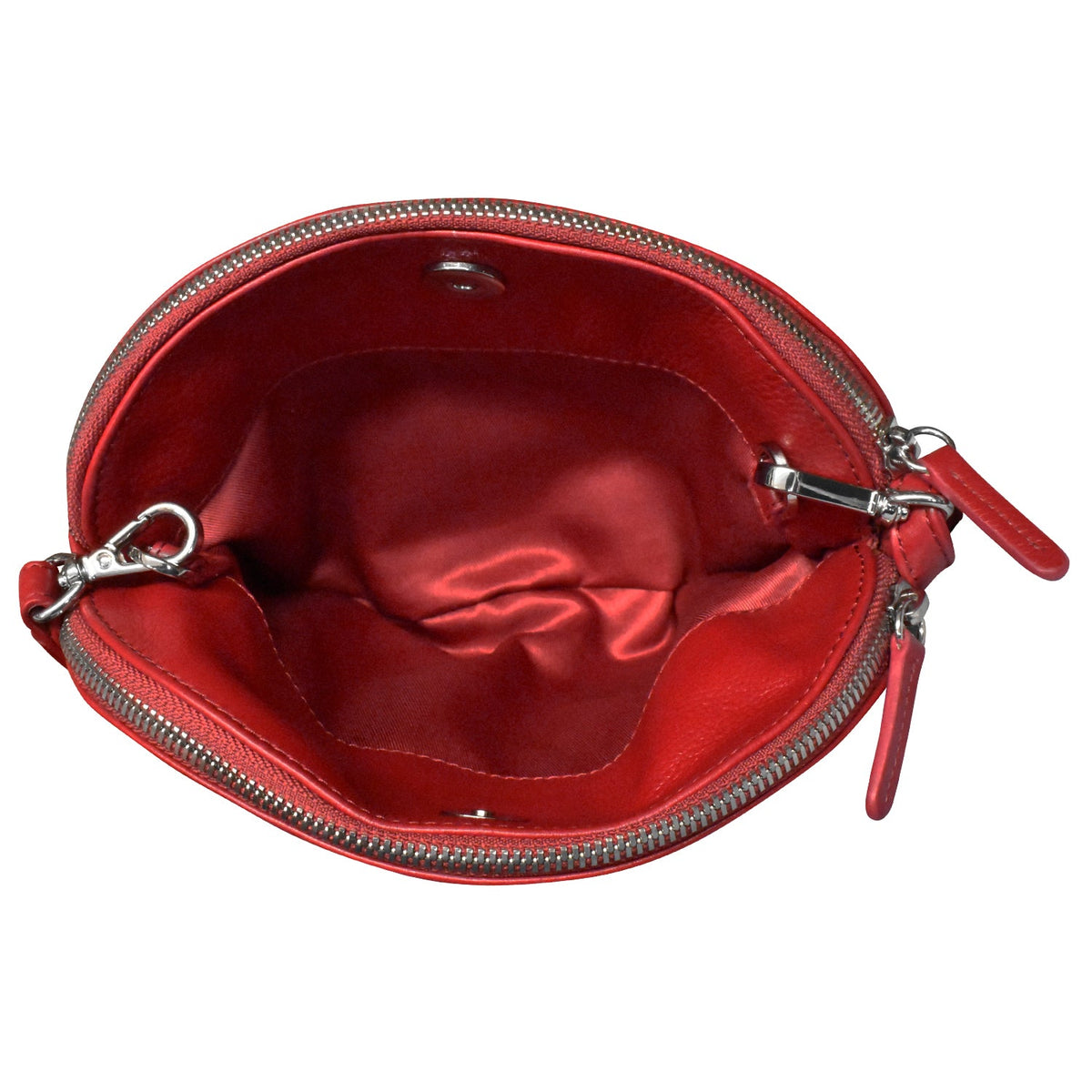 Red leather purse with a zipper on a white background