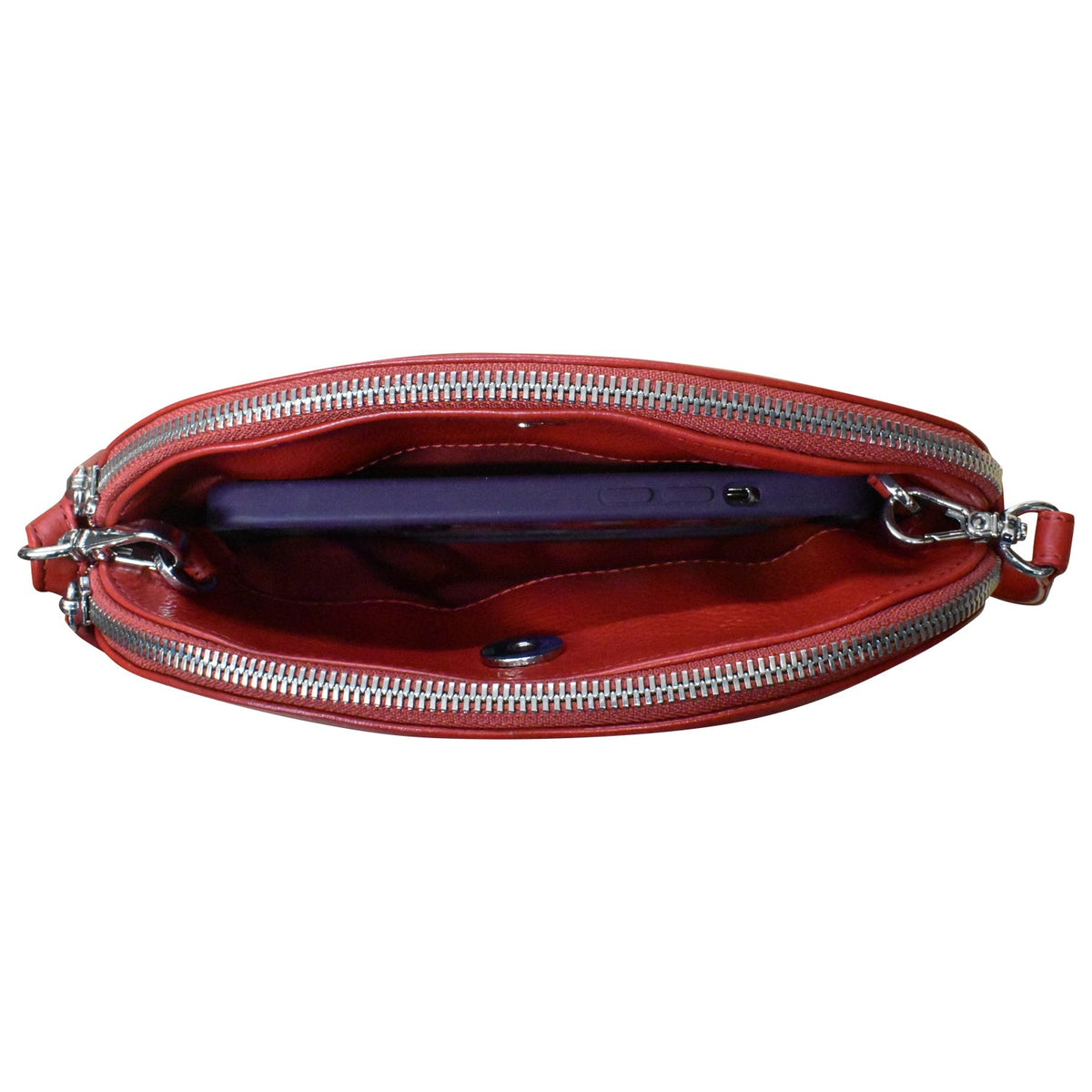 Red handbag with a silver zipper on a white background