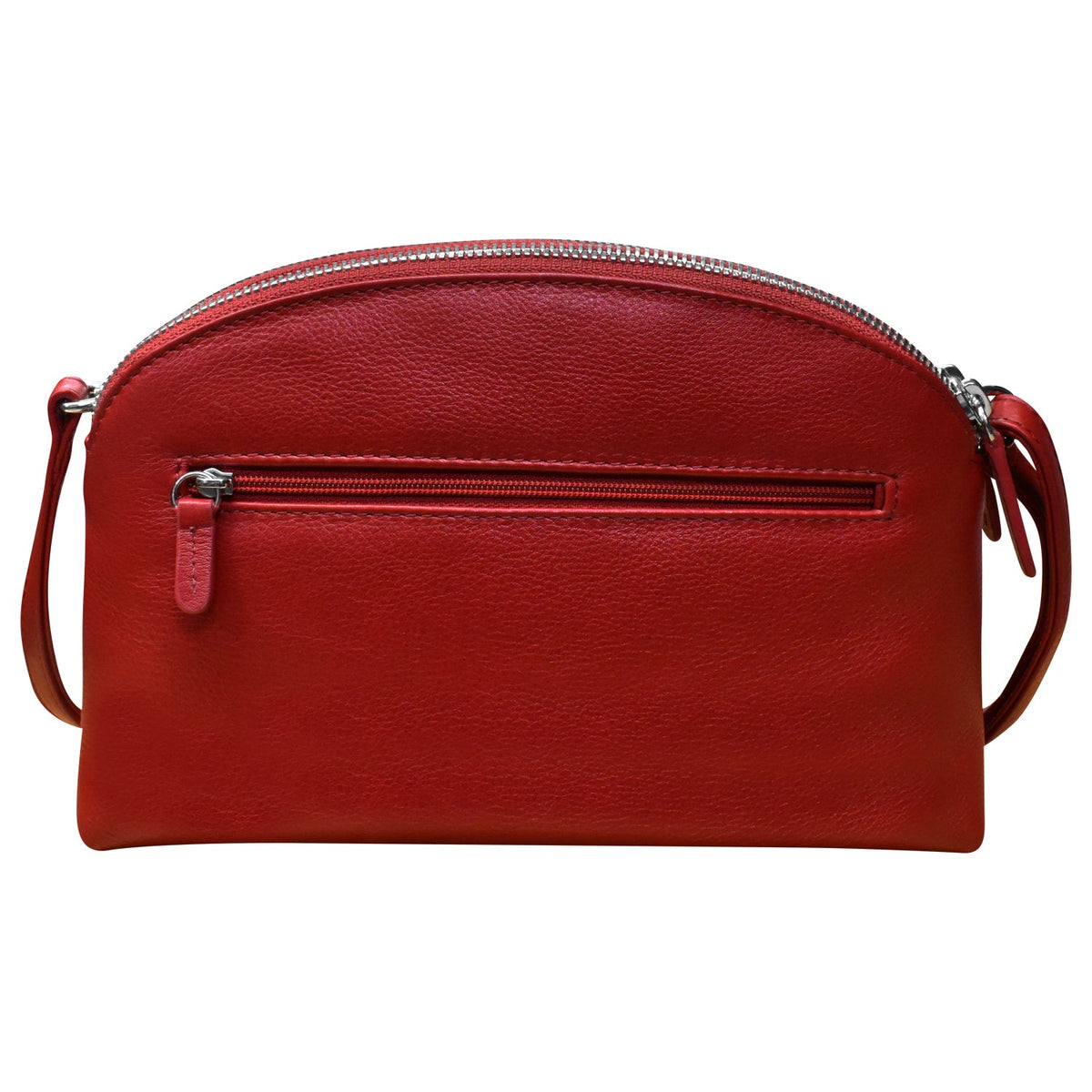 Red leather handbag with a strap on a white background