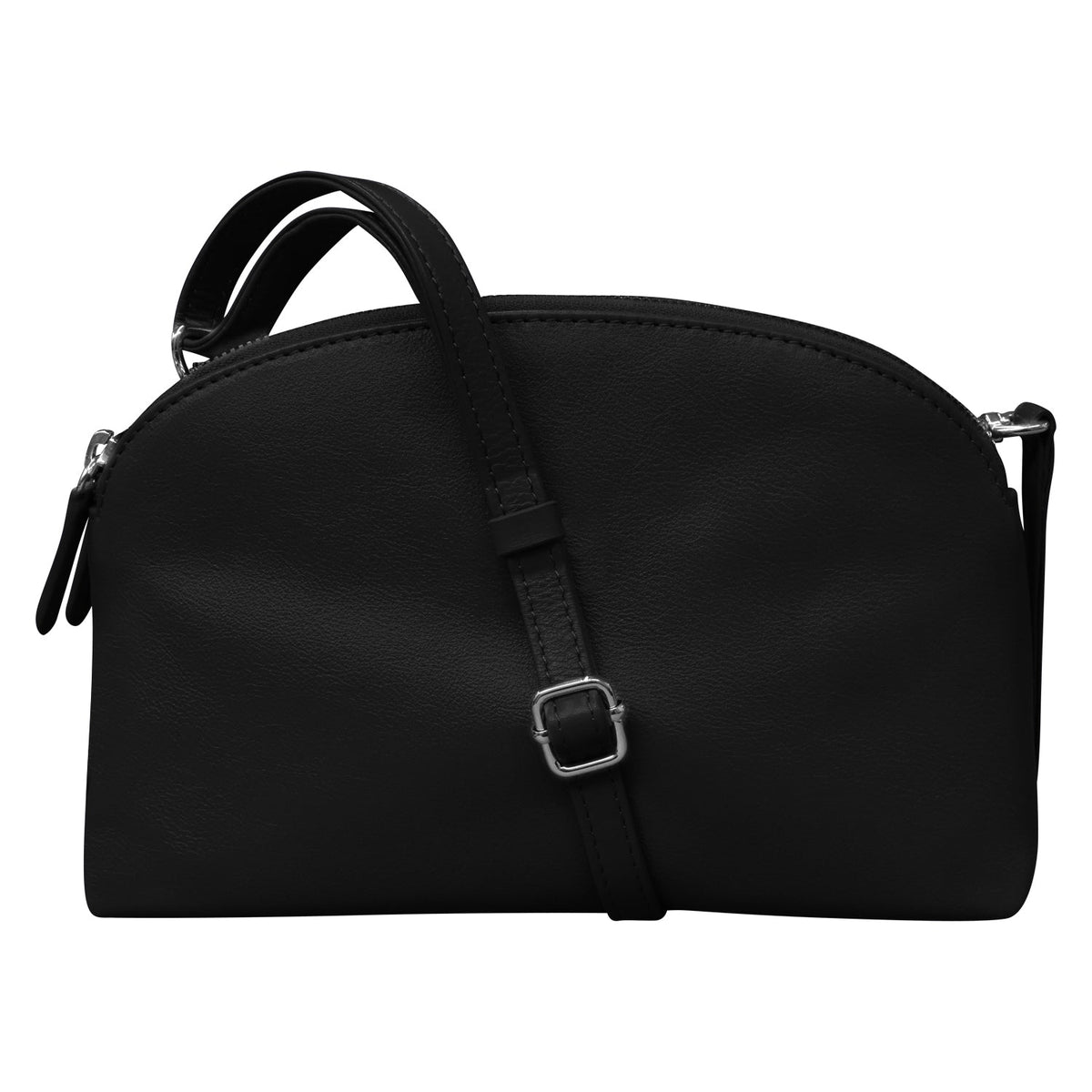 Black handbag with a strap on a white background