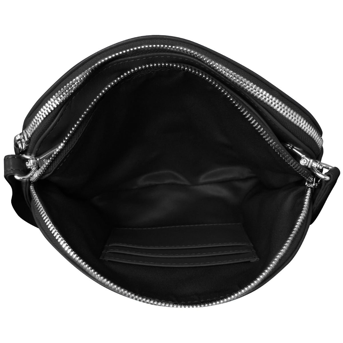 Black crossbody bag with silver zippers on a white background
