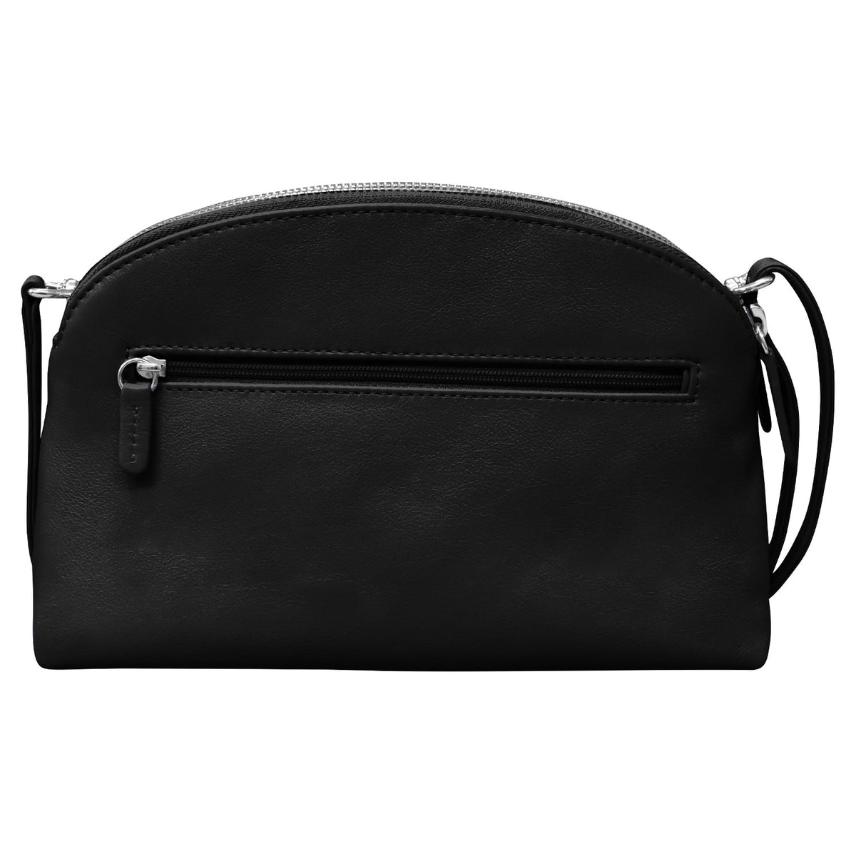 Black leather handbag with a strap on a white background
