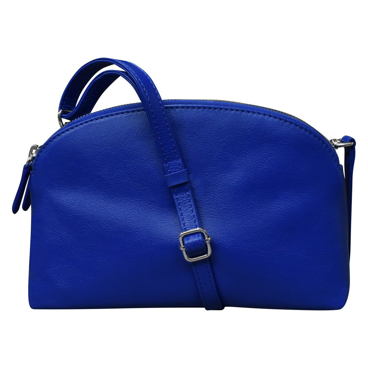 Blue handbag with a strap on a white background