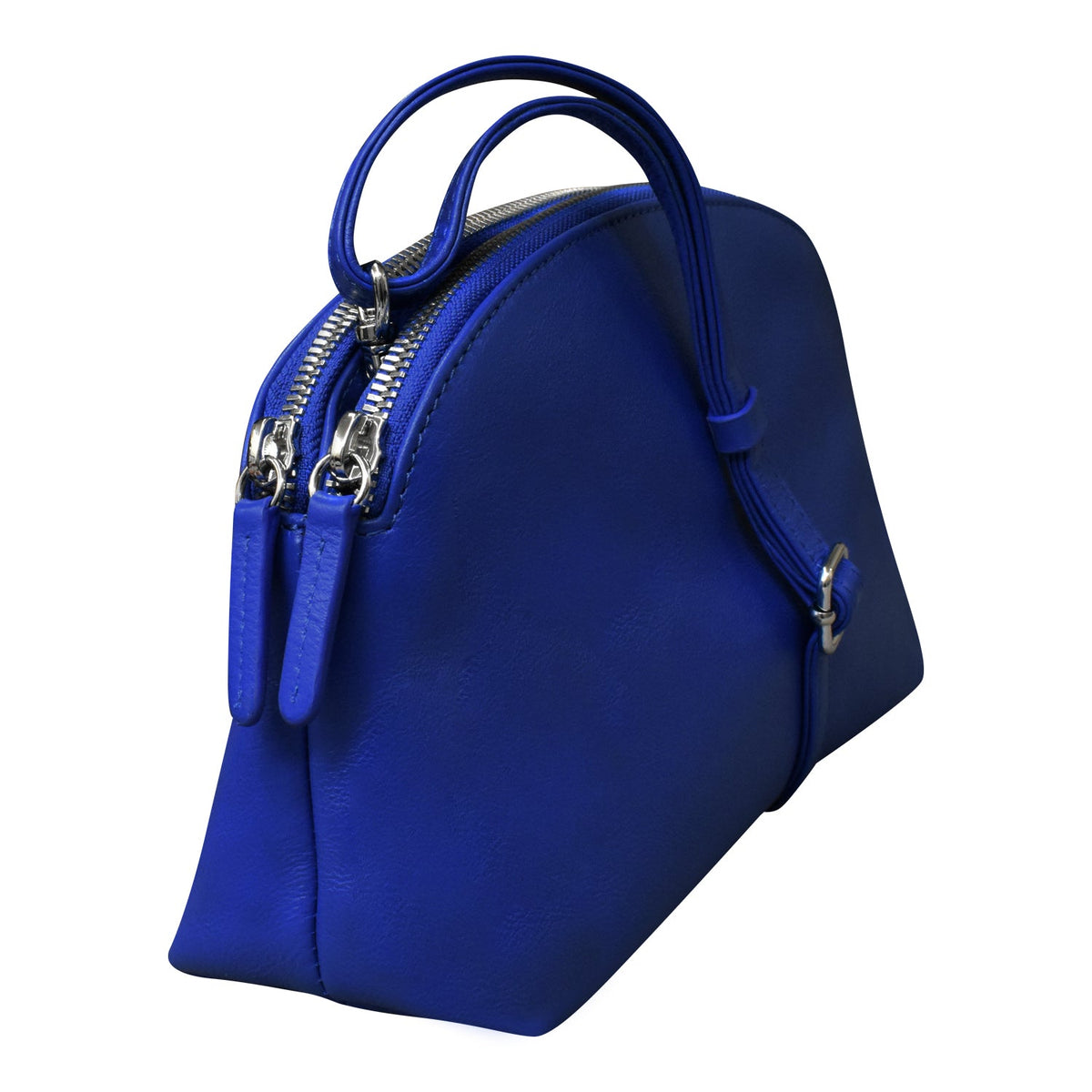 Blue handbag with a glossy finish on a white background