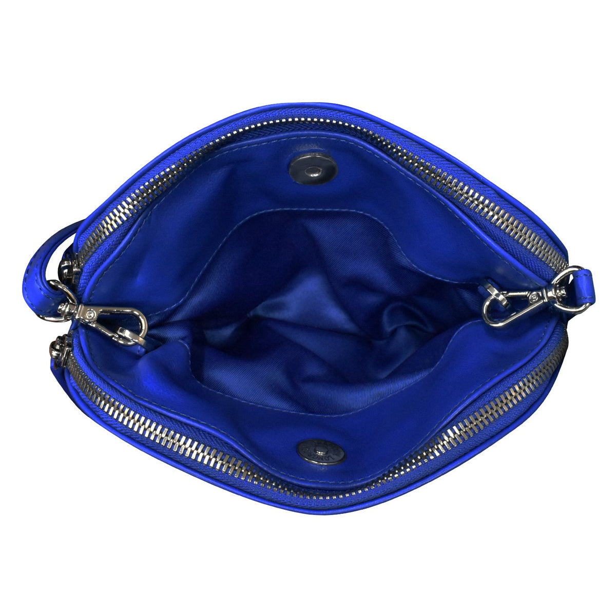 Blue handbag with silver zippers on a white background