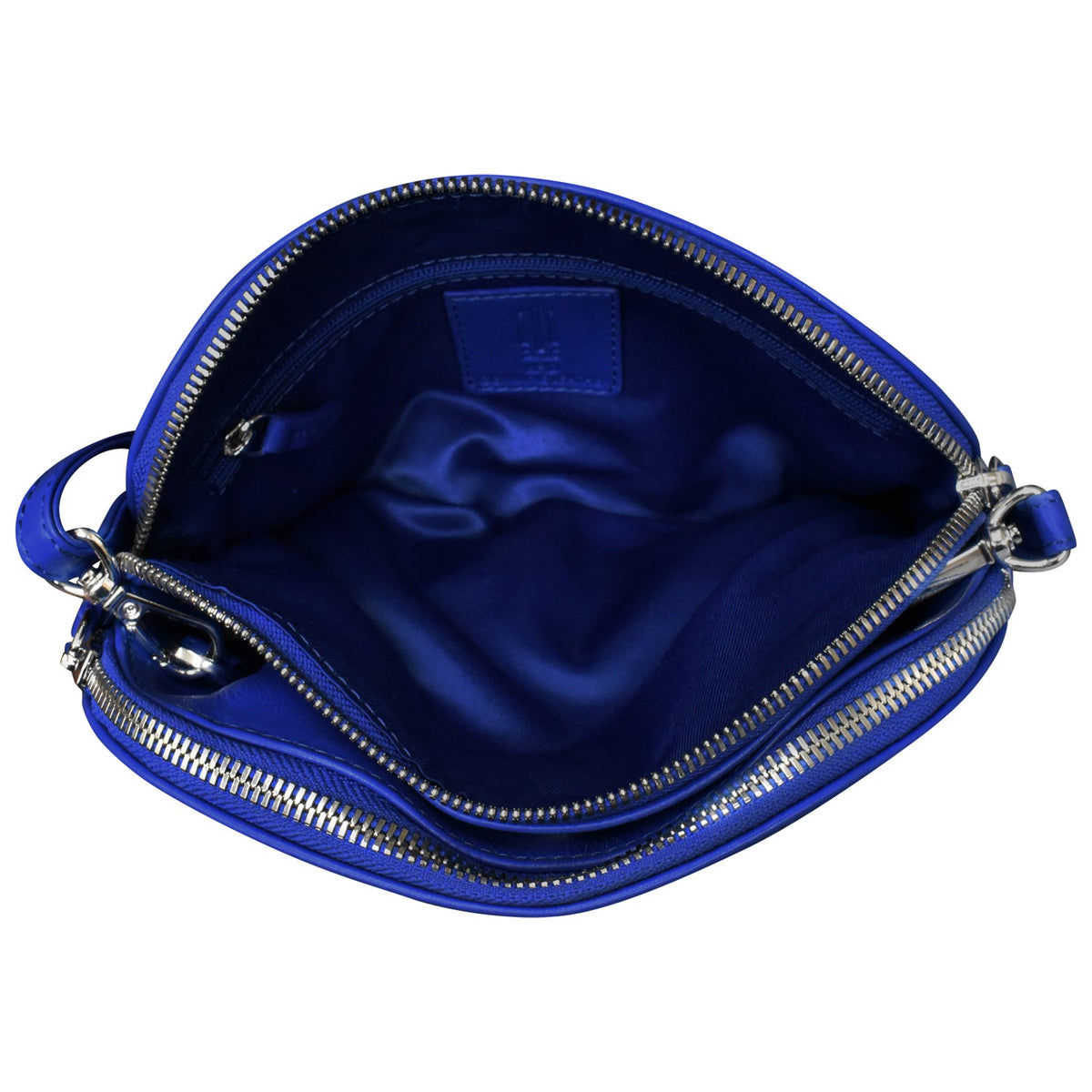Blue handbag with silver zippers on a white background
