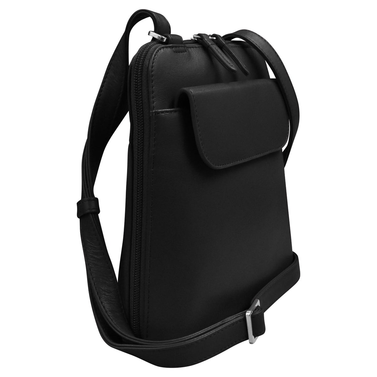 Black backpack with a front pocket on a white background