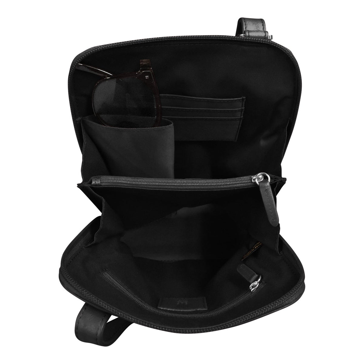Black backpack with multiple compartments on a white background