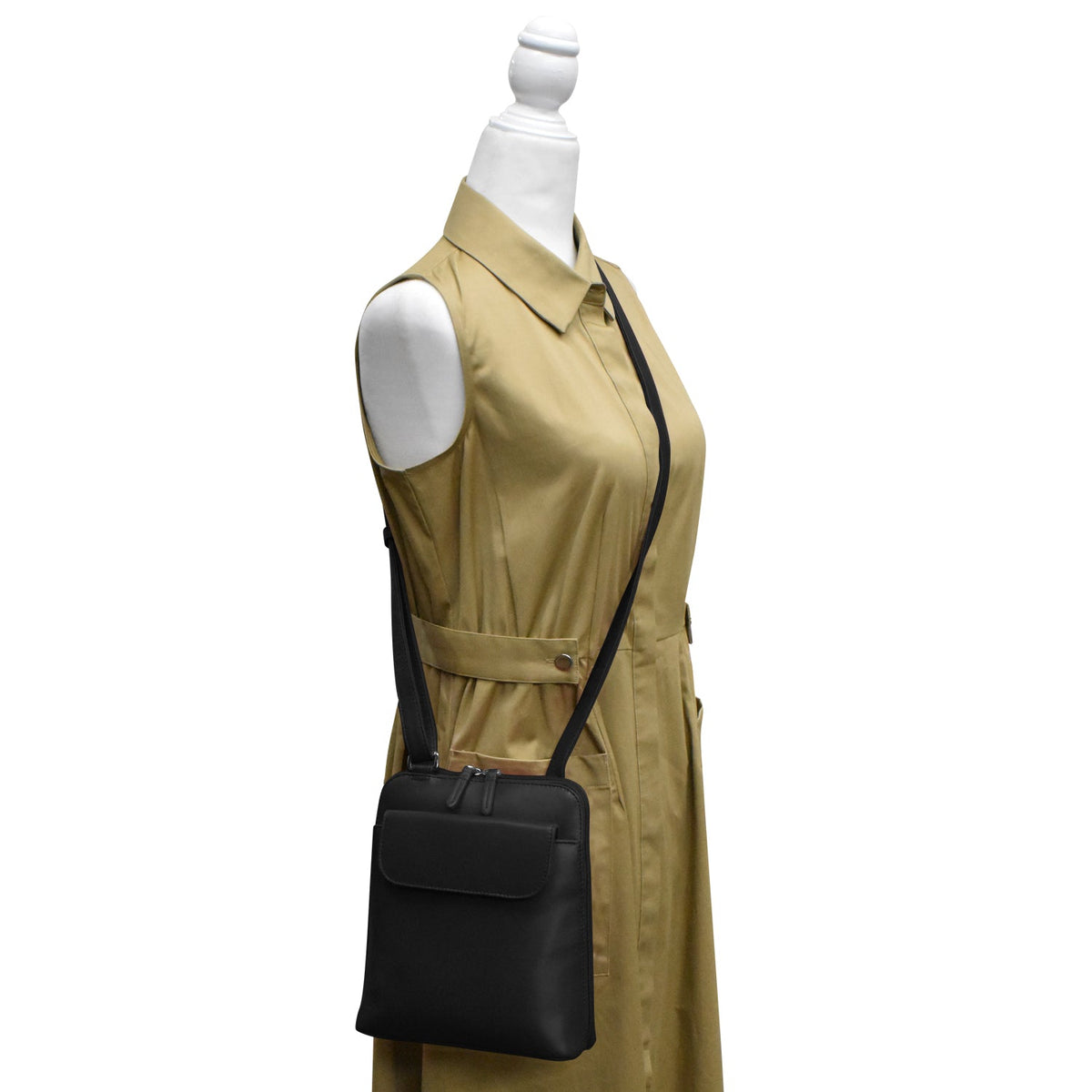 Mannequin wearing a beige trench coat with a black crossbody bag on a white background