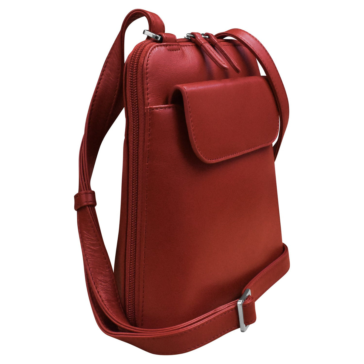 Red leather backpack on a white background