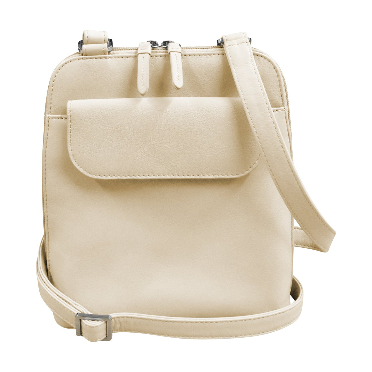 Beige crossbody bag with a flap pocket on a white background