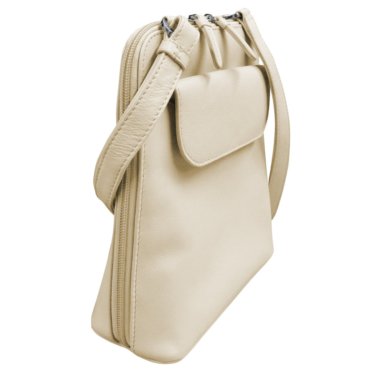 Beige leather pouch with drawstring on a white background