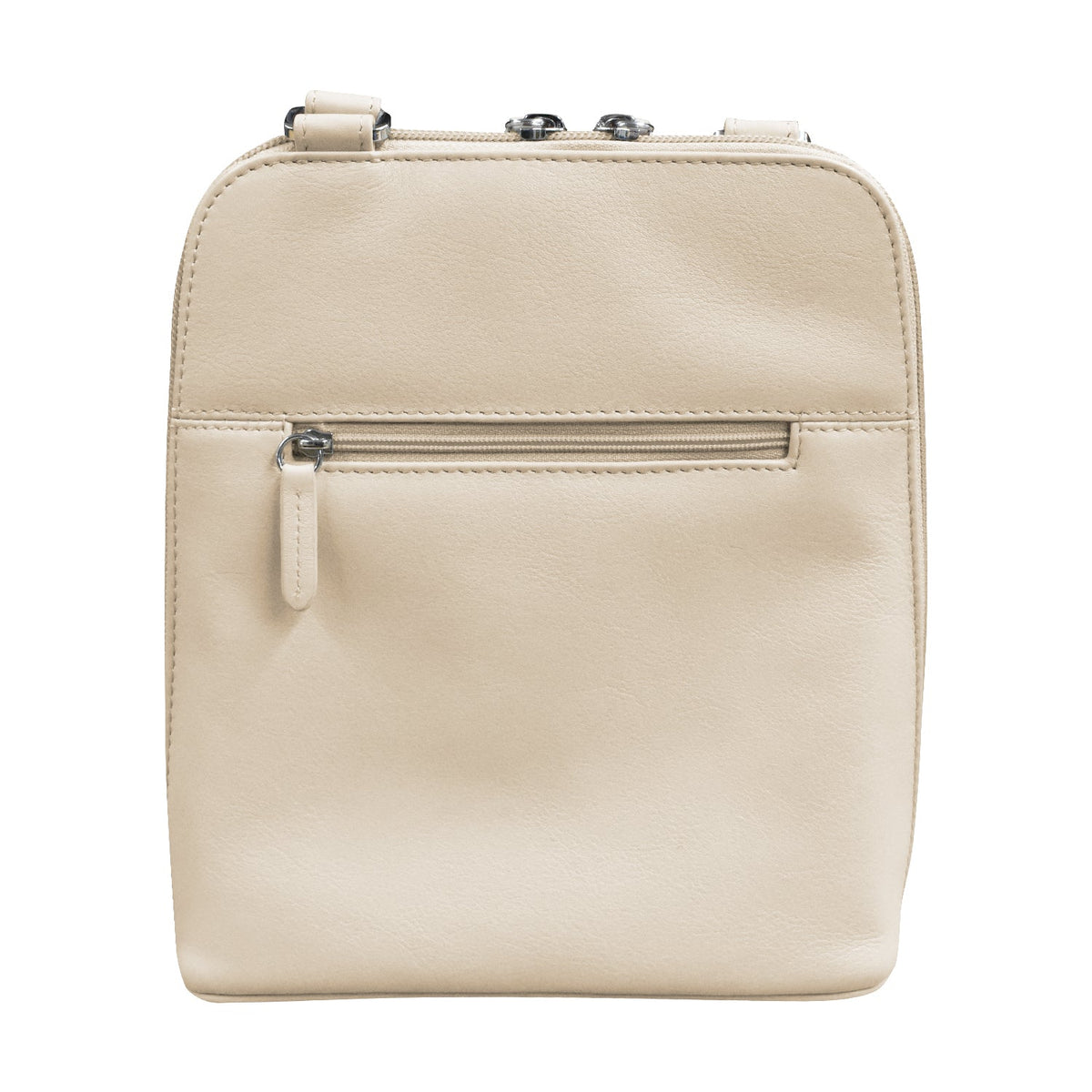 Beige leather bag with a zipper on a white background