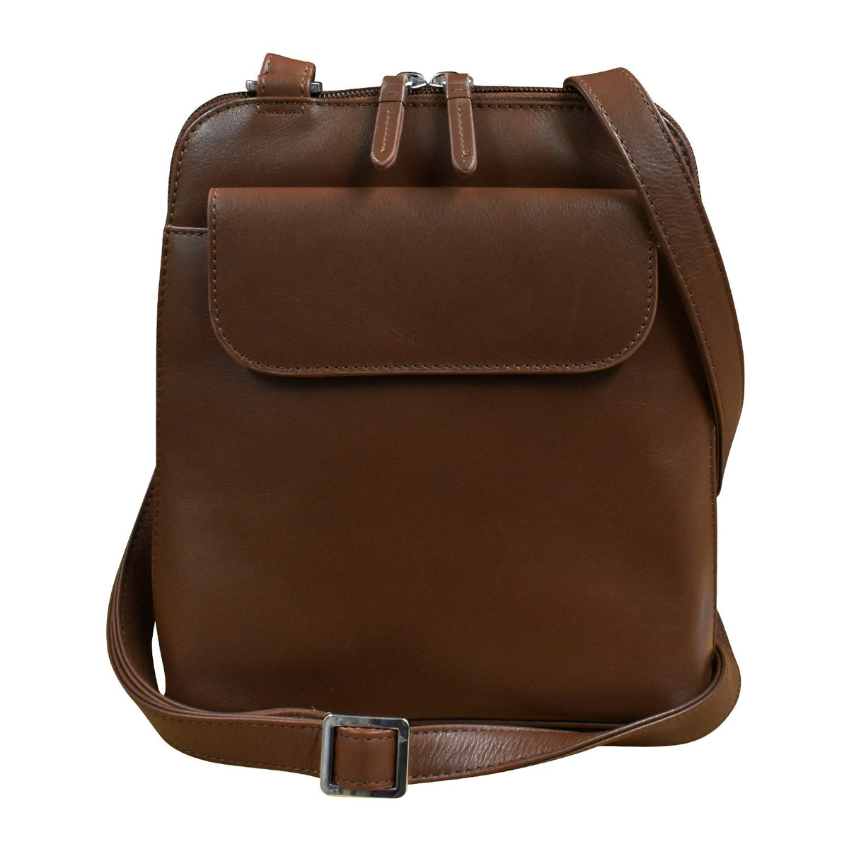 Brown leather backpack with a strap on a white background