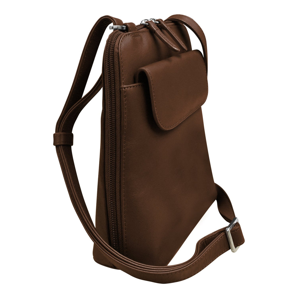 Brown leather backpack on a white background