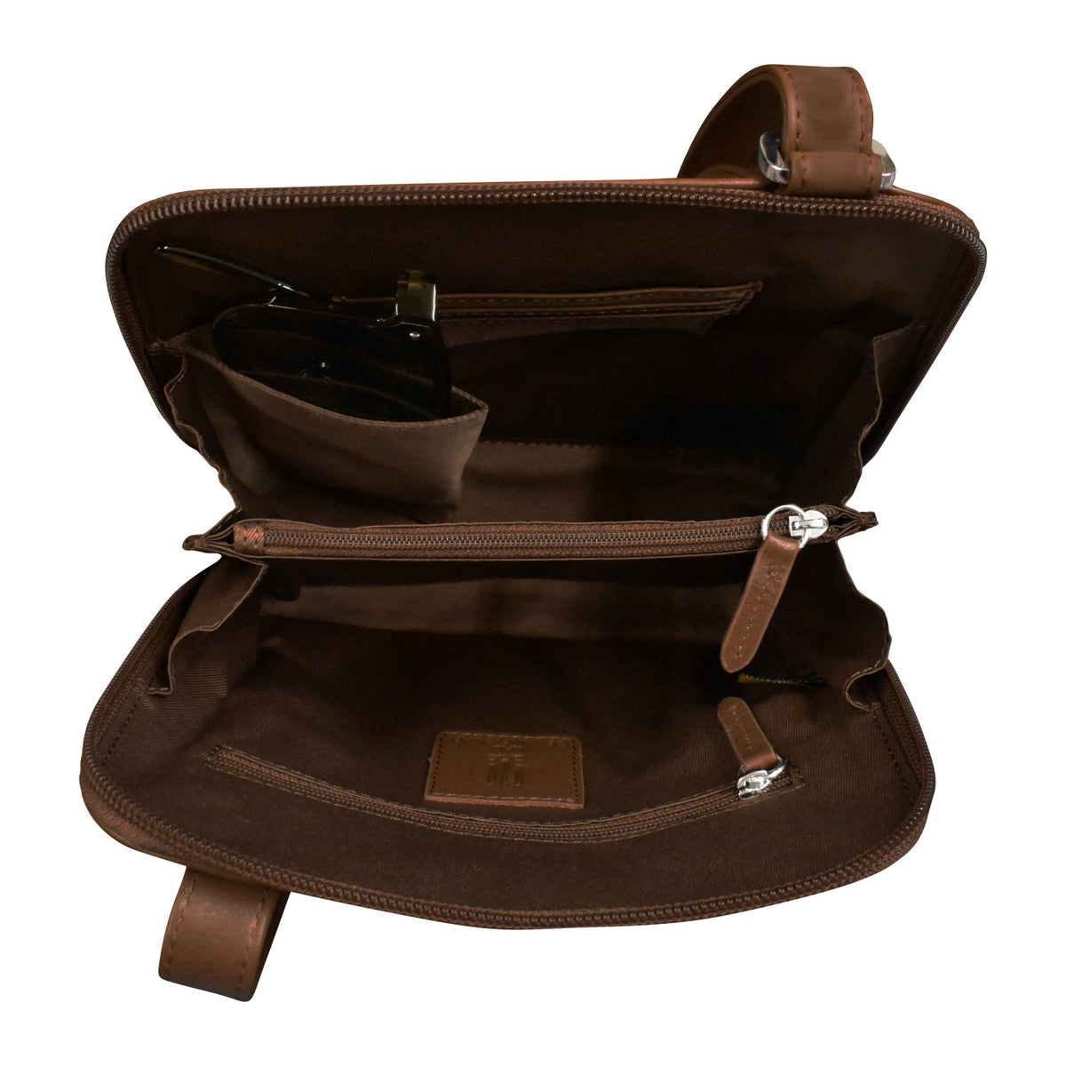 Brown leather bag with a zipper on a white background