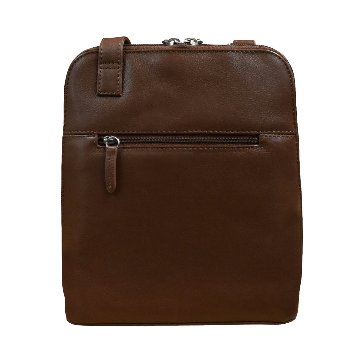 Brown leather backpack with a zipper on a white background
