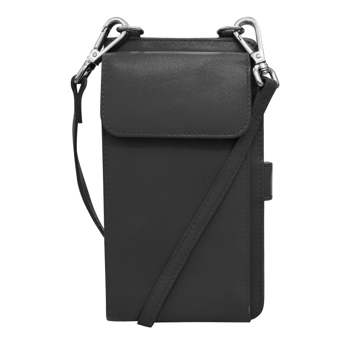 Black crossbody bag with a strap on a white background