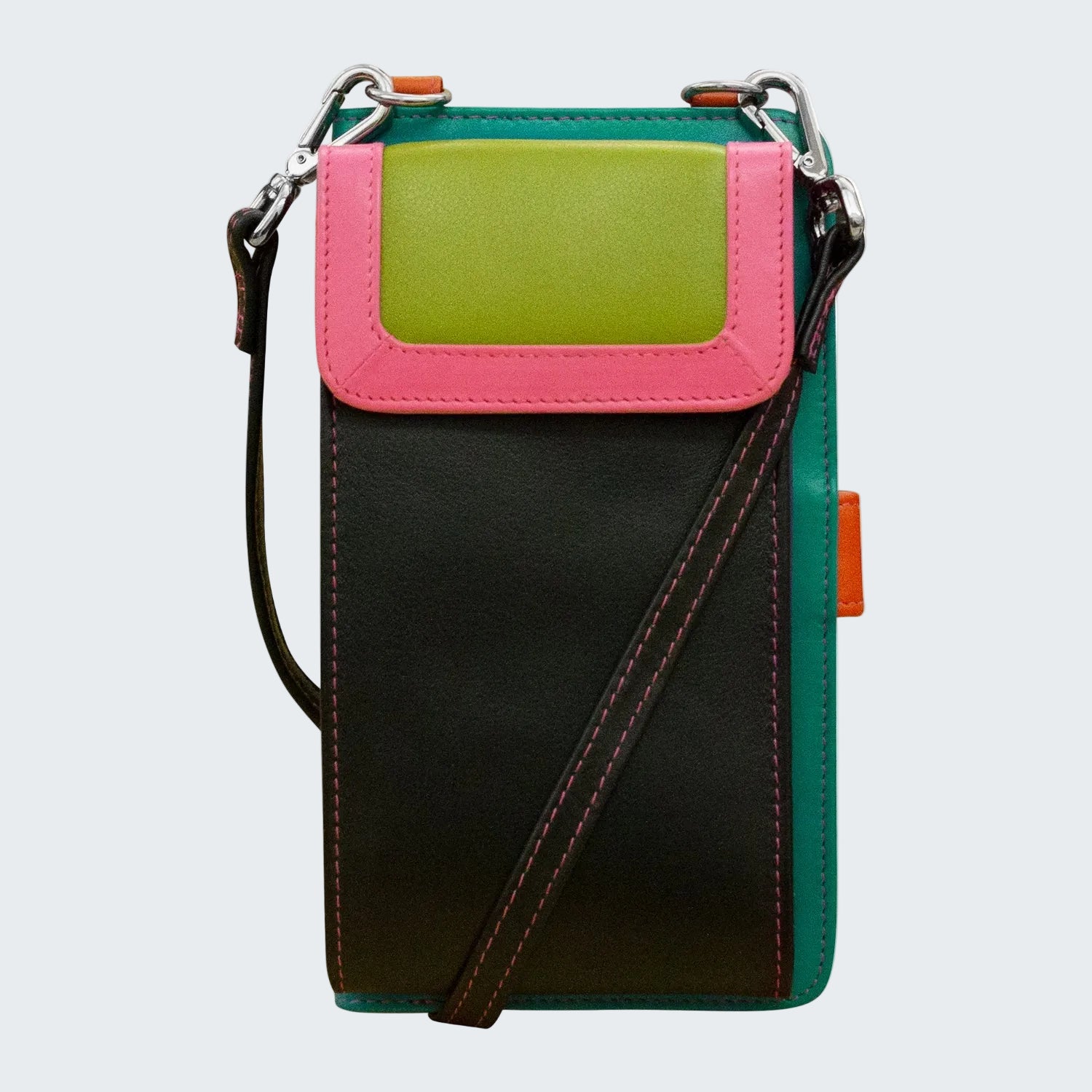 Multicolored crossbody bag with pink, green, and black sections on a white background