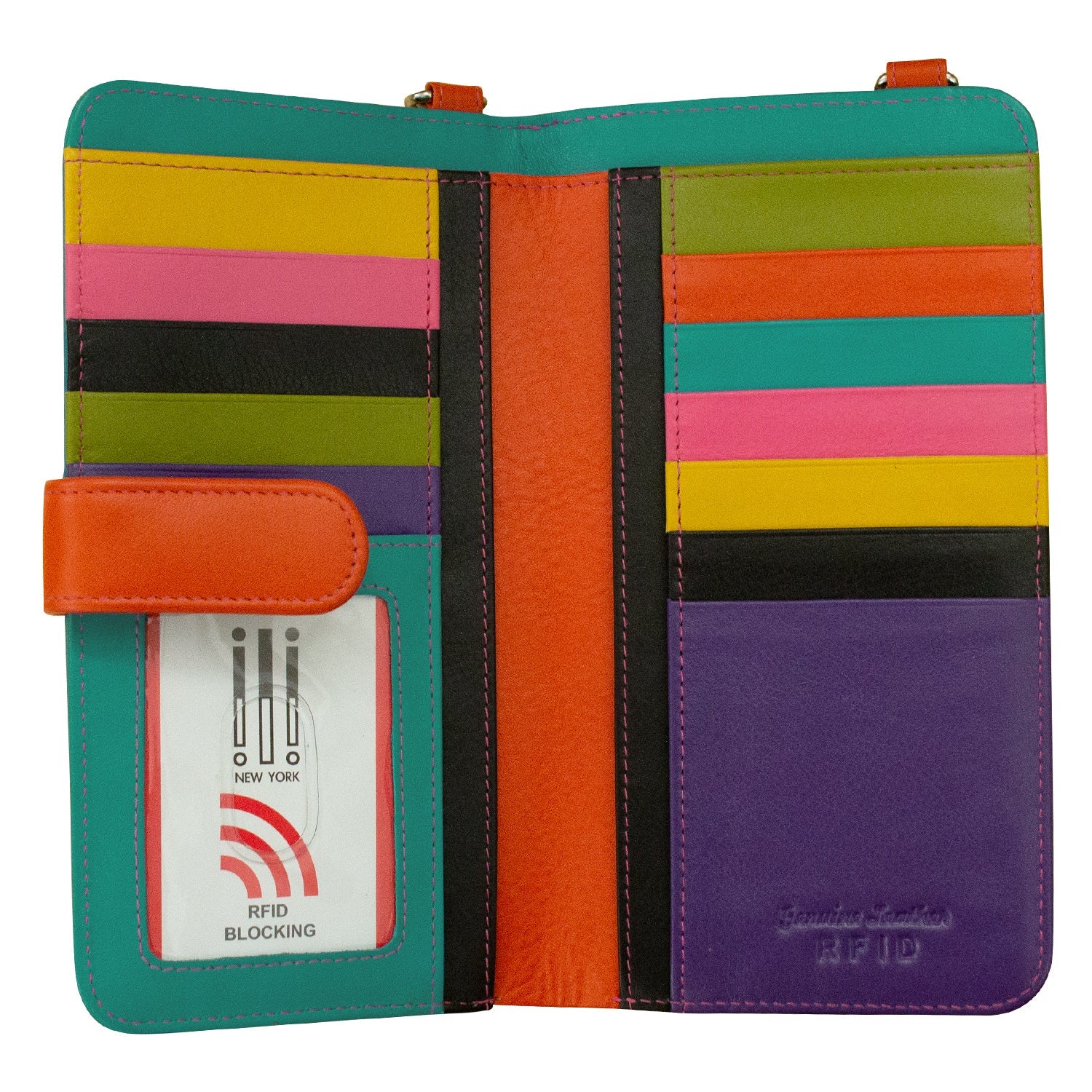 Colorful wallet with RFID blocking label on a white background