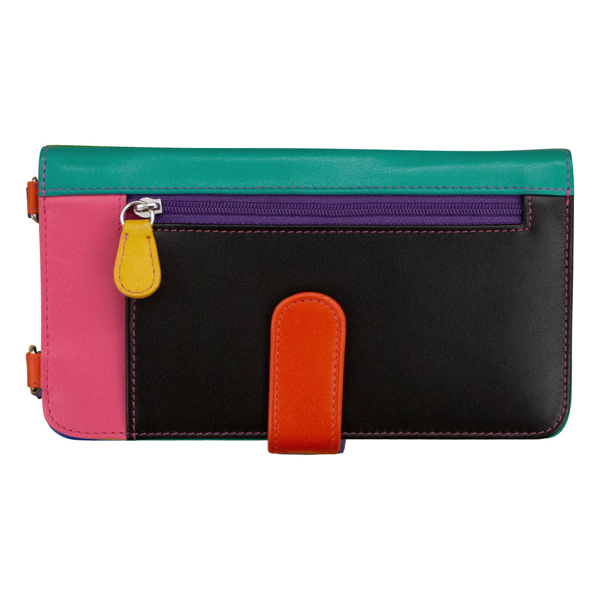 Multicolored wallet with a zipper on a white background