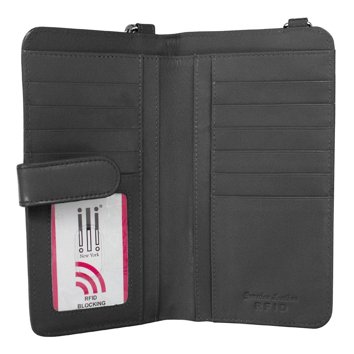 Black leather wallet with RFID blocking label on a white background
