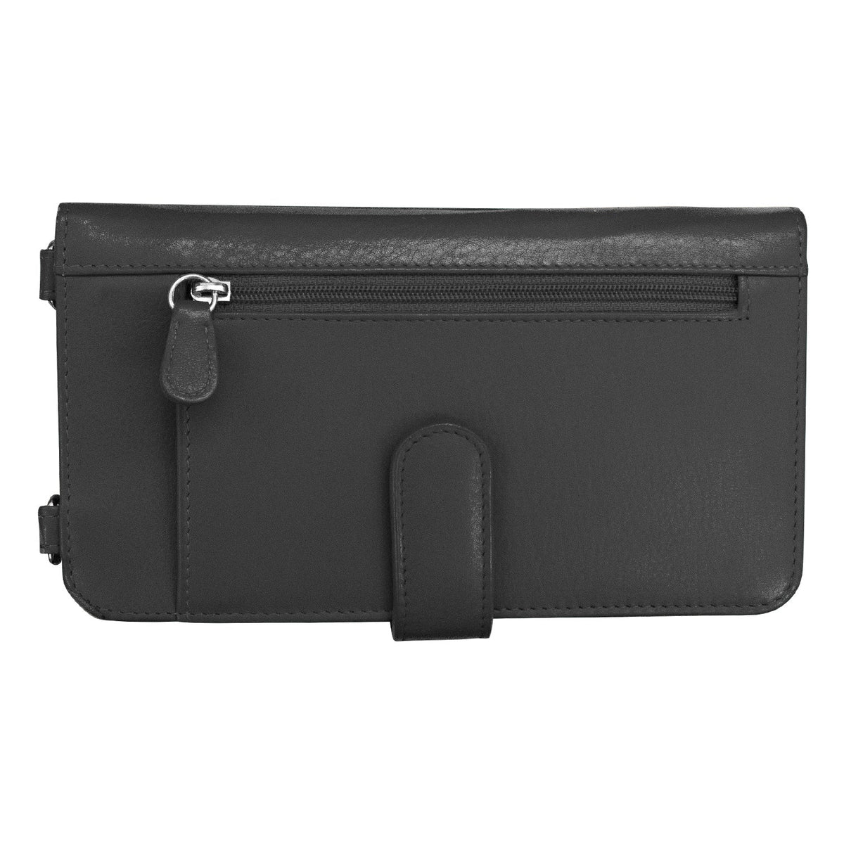 Black leather clutch bag on a white background