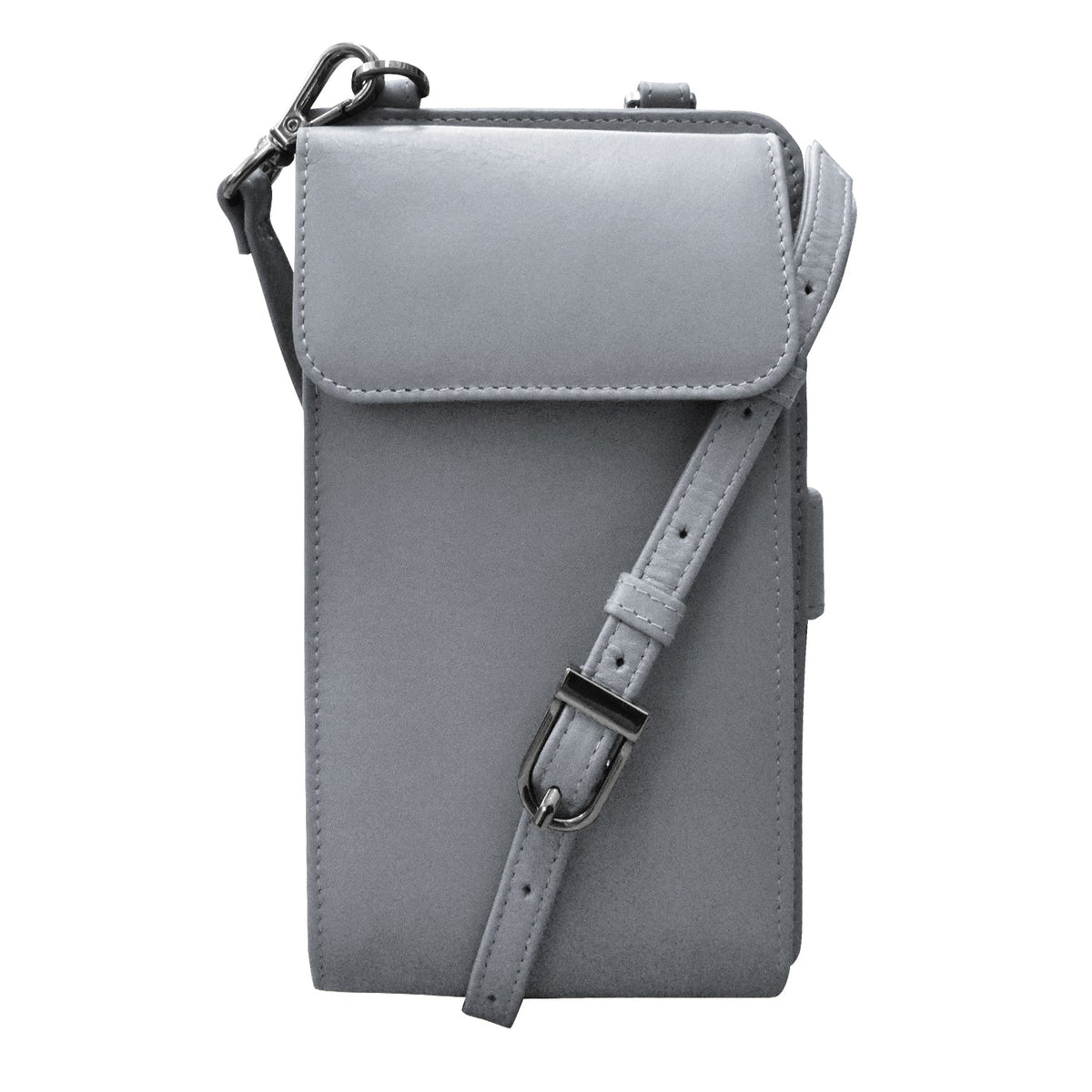 Gray crossbody bag with a strap on a white background